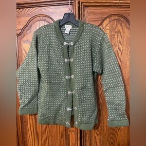L.L. Bean Women's Green Wool Sweater Vintage with metal hook an eye closure